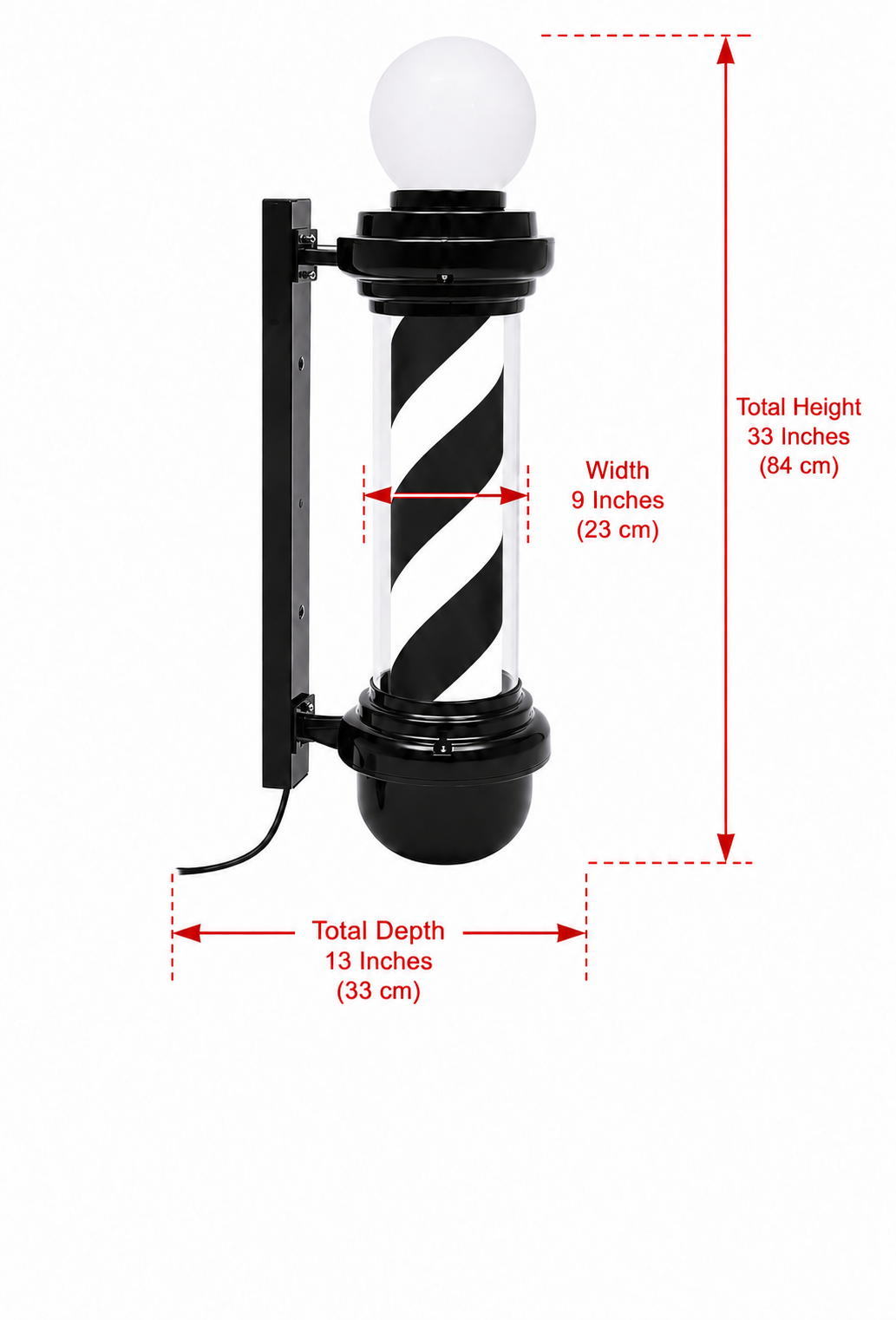 Wall-Mounted Rotating Barber Pole Light with Globe Top - BP303T