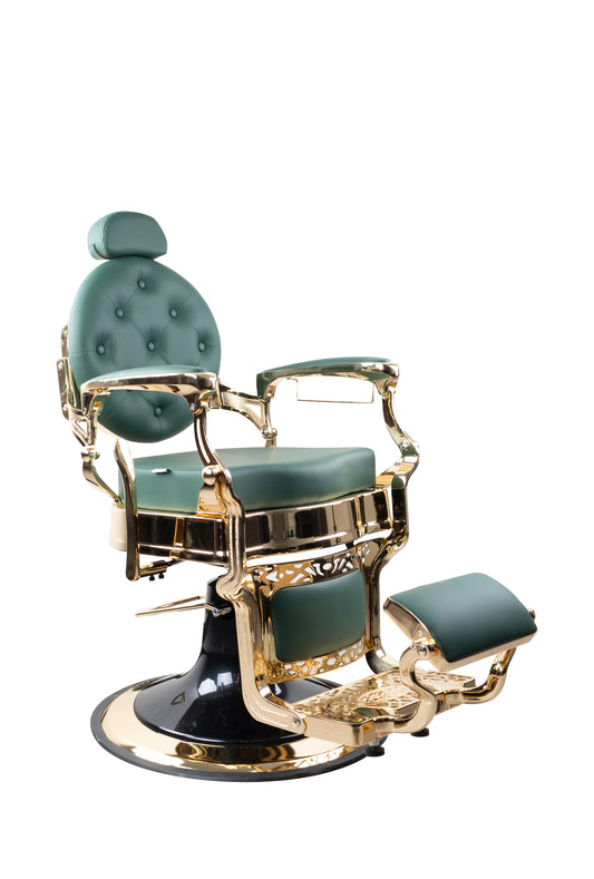 Antique Premium Luxury Green & Gloss Metallic Golden Frame Barber Chair - BC969