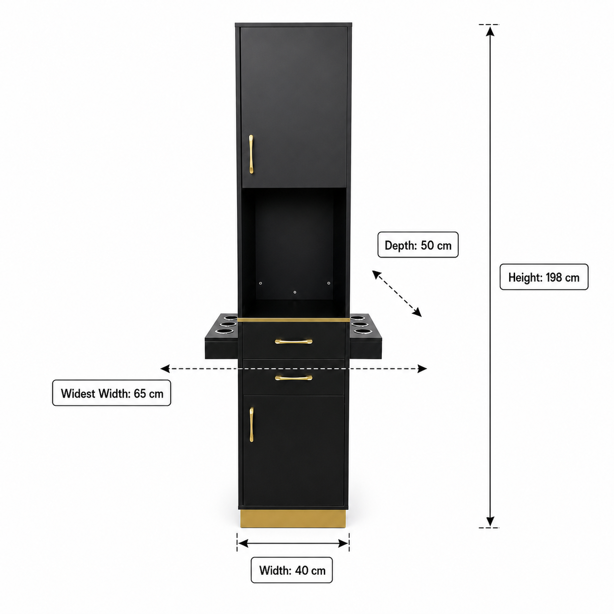 Professional Modern Black & Gold Salon Station / Barber Cabinet with Ample Storage