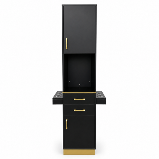 Professional Modern Black & Gold Salon Station / Barber Cabinet with Ample Storage