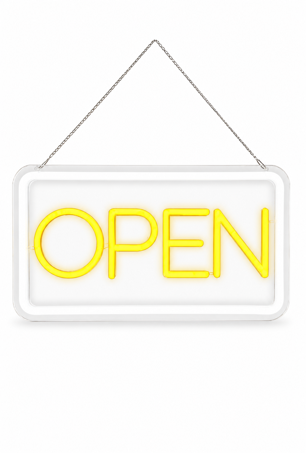 Warm Yellow LED OPEN Hanging Sign with White Border - OP202